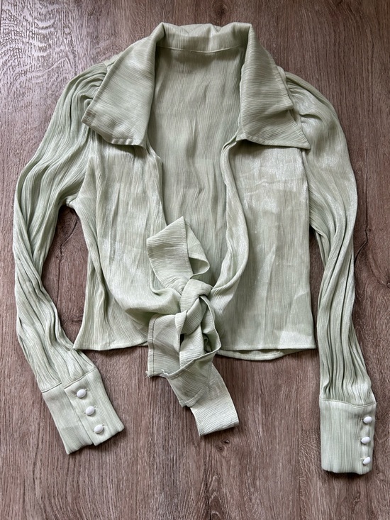 J.ING Tops - Light Sage Green Pleated Crop Front Tie Top- J.ING Blouse